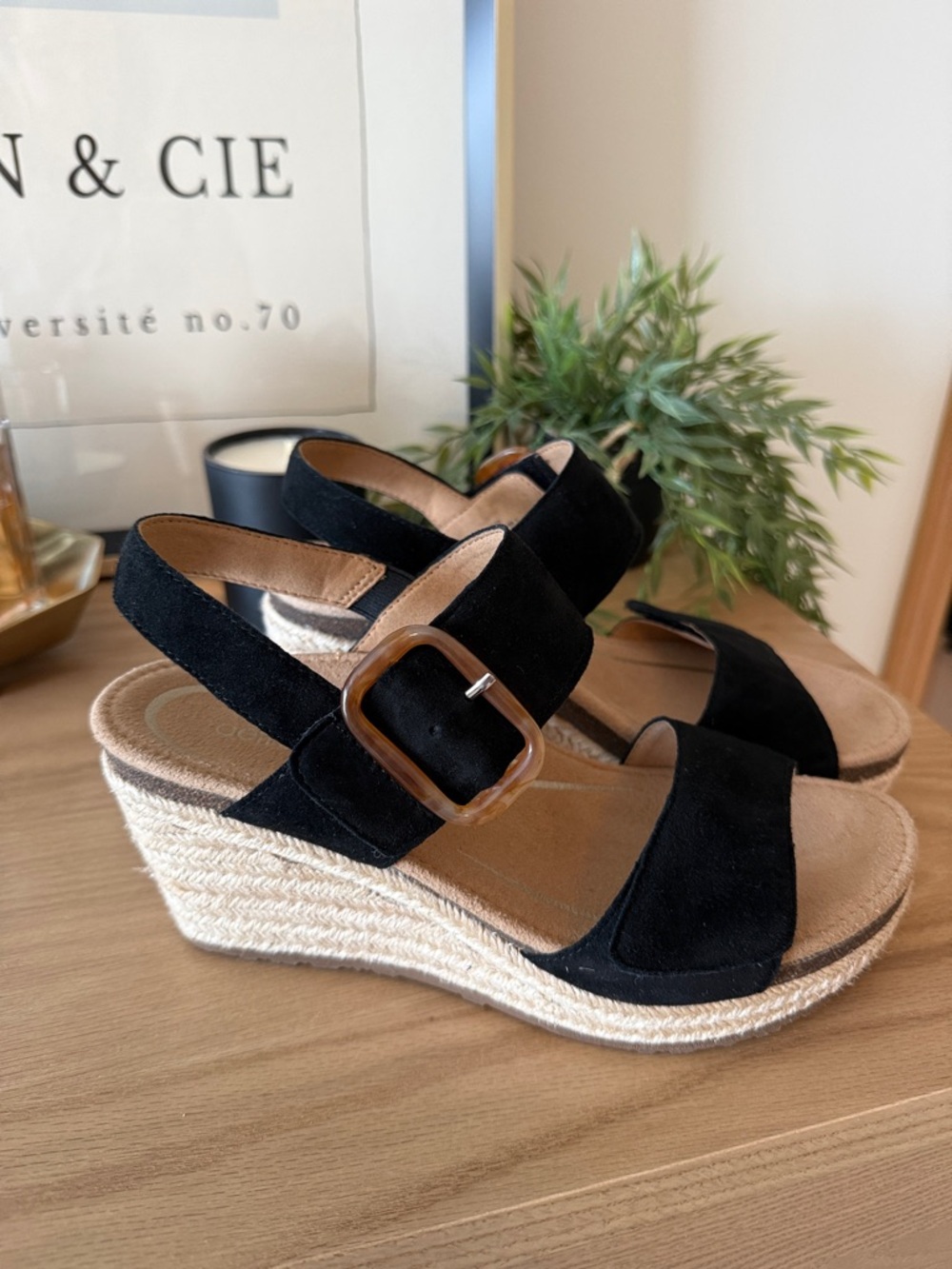 Aetrex Black Suede Espadrille Wedge Sandals with Tortoiseshell Buckle